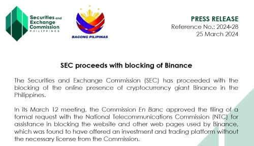 SEC Phillipines blocks binance press release - Philippines SEC Blocks Binance for Failing to Secure License