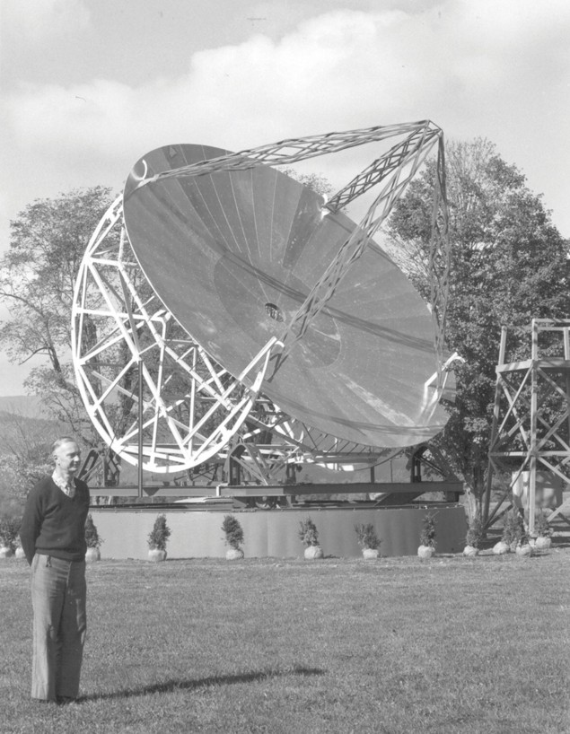 Black and white photo of a man stood in front of a radio telescope