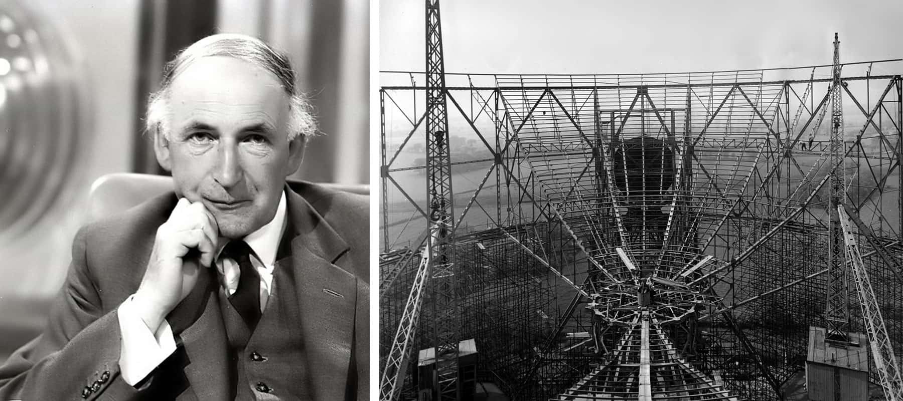 دو سیاہ اور سفید تصاویر: سوٹ میں ایک آدمی اور زیر تعمیر ایک بڑی دوربین