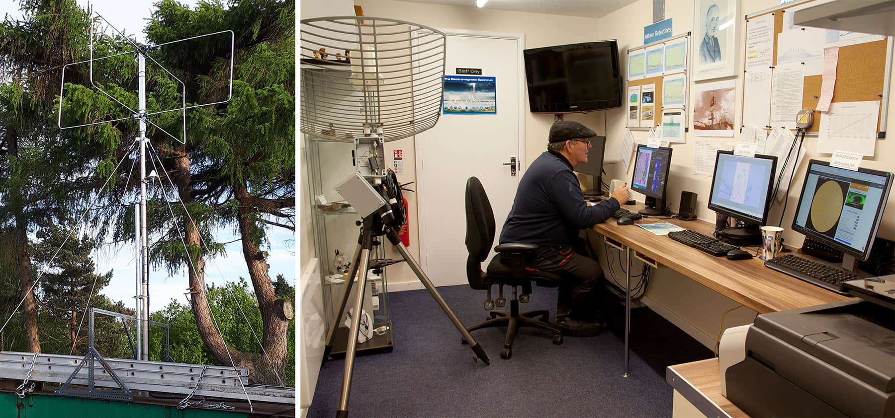 Дві фотографії: радіомаяк і чоловік, який сидить за столом і дивиться на кілька моніторів даних