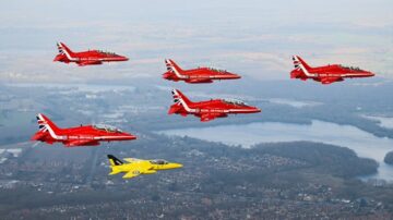 RAF Red Arrows Celebrate Start Of Their 60th season With Original Folland Gnat In Formation