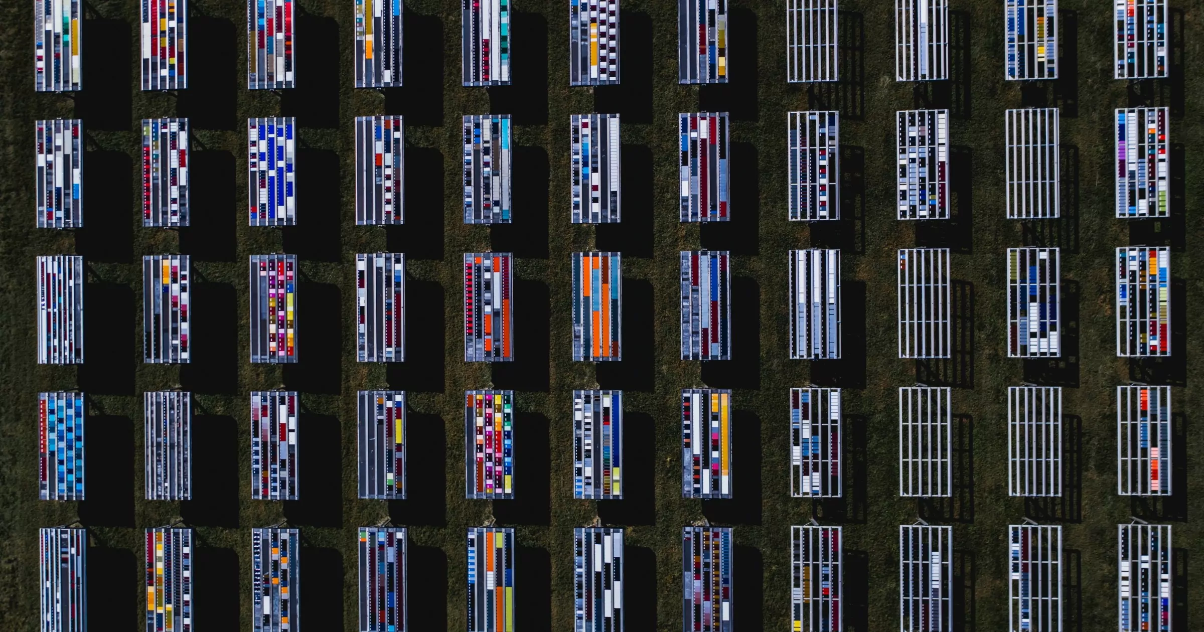 Solar panels with unusual patterns photographed by drone, Florida, United States of America