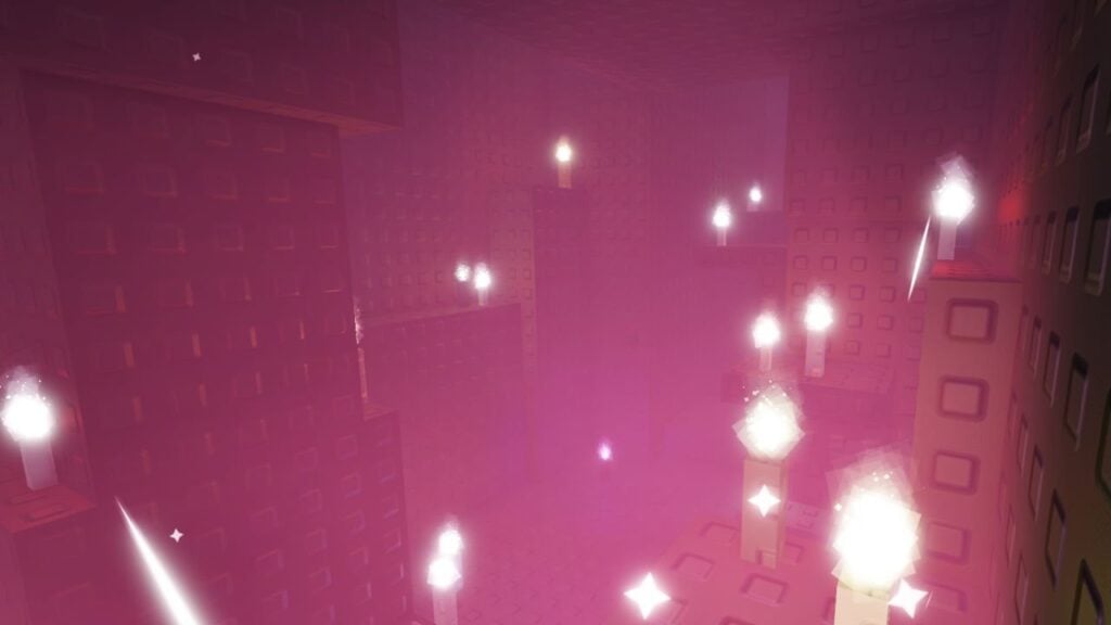 Feature image for our Sol's RNG Fortune Potion guide. It shows the hallway of candles leading to Stella's cauldron.