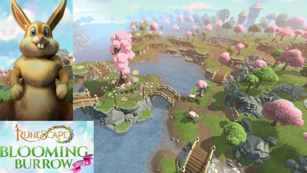 featured image for our news on RuneScape Easter 2024. It features easter bunny on the left and the Blooming Burrow behind. The area is full of pink trees, green grass and small streams and lakes of water with bridges over them.