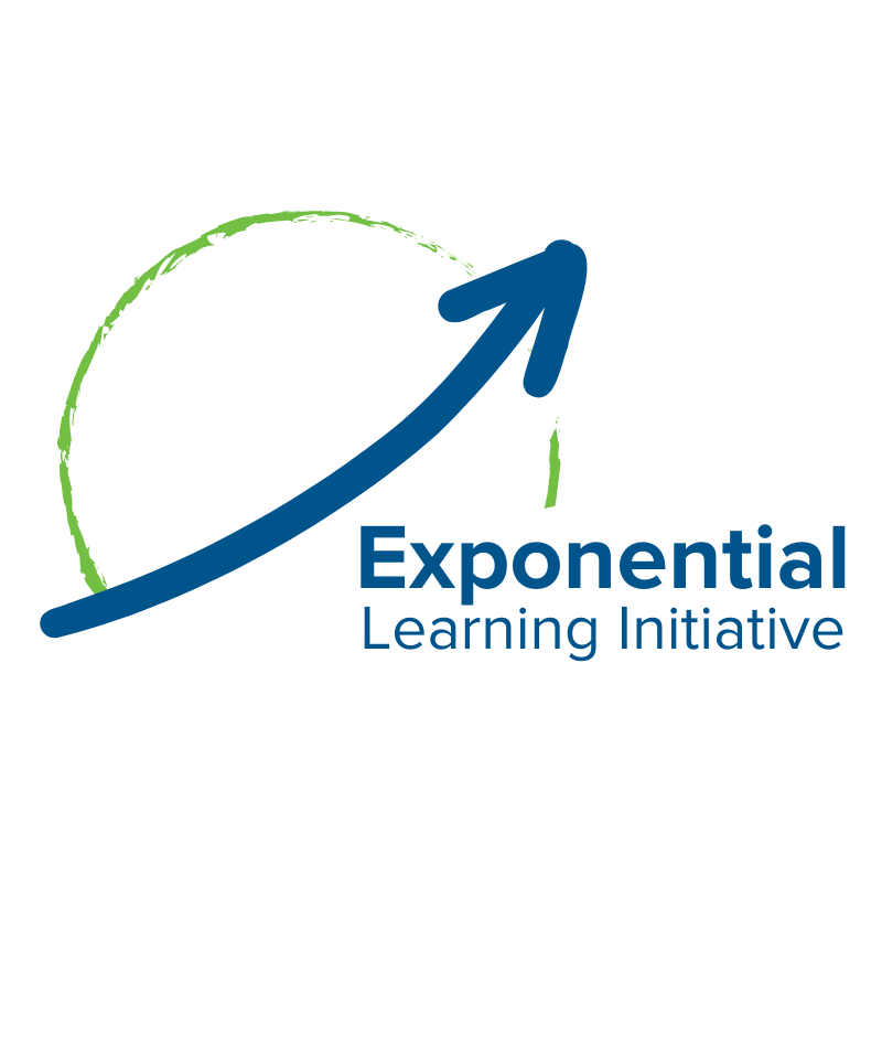 Logo in navy blue and kelly green of the Exponential Learning Initiative with a half circle above with an exponential curve pointing to the top right corner  