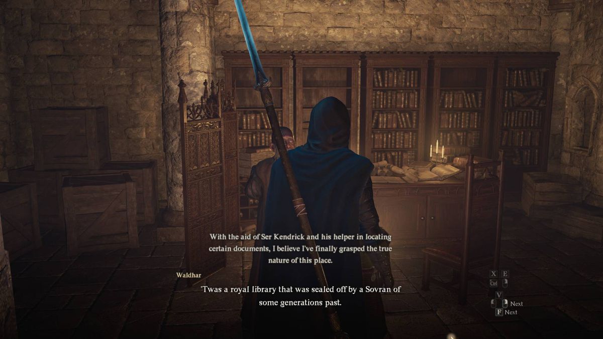 A Dragon’s Dogma 2 hero walks into a library underground in “The Caged Magistrate.”