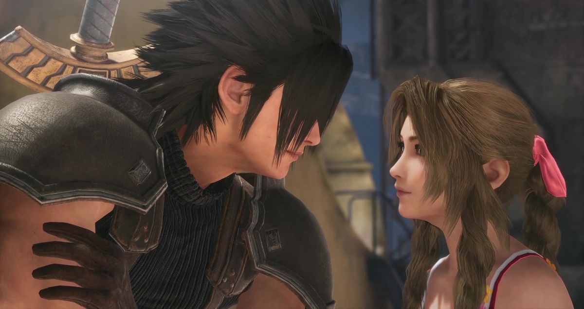 An image of Zack and Aerith staring into each other’s eyes in Crisis Core: Final Fantasy 7 Reunion. 