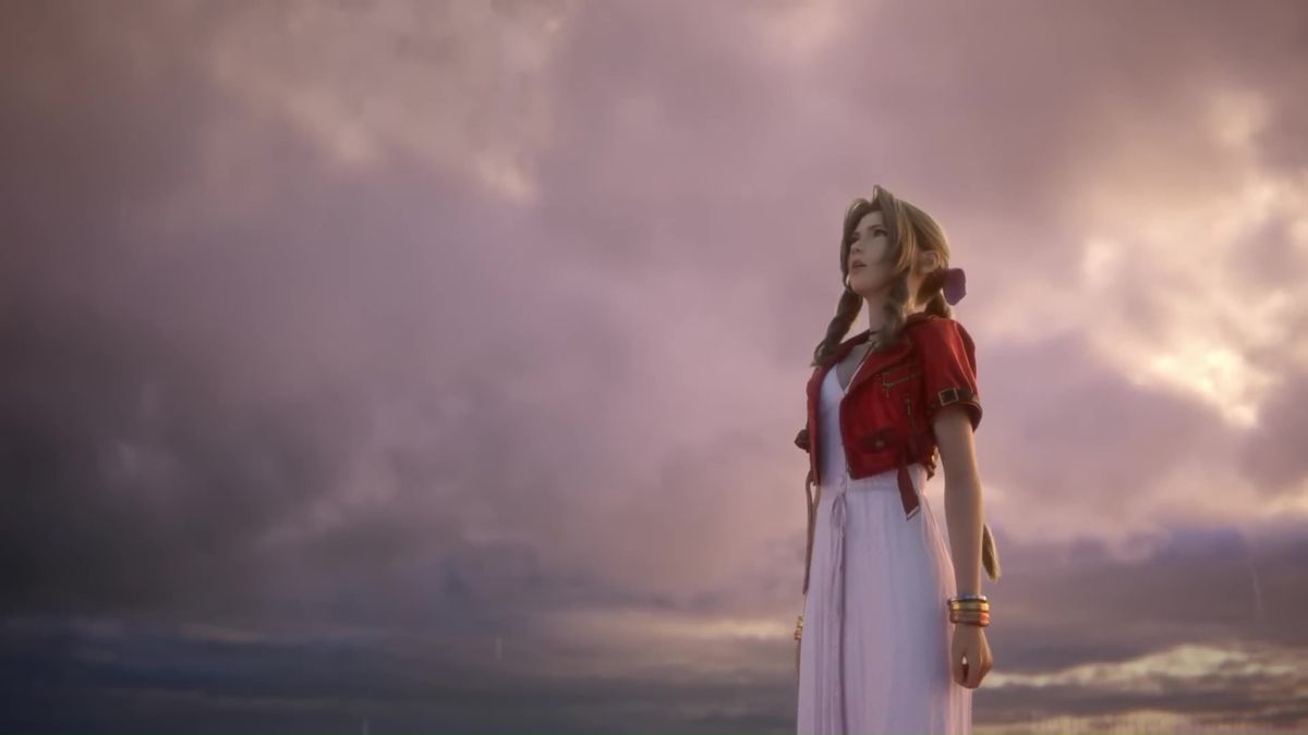 An image of Aerith looking up to the sky in Final Fantasy 7 Remake. 