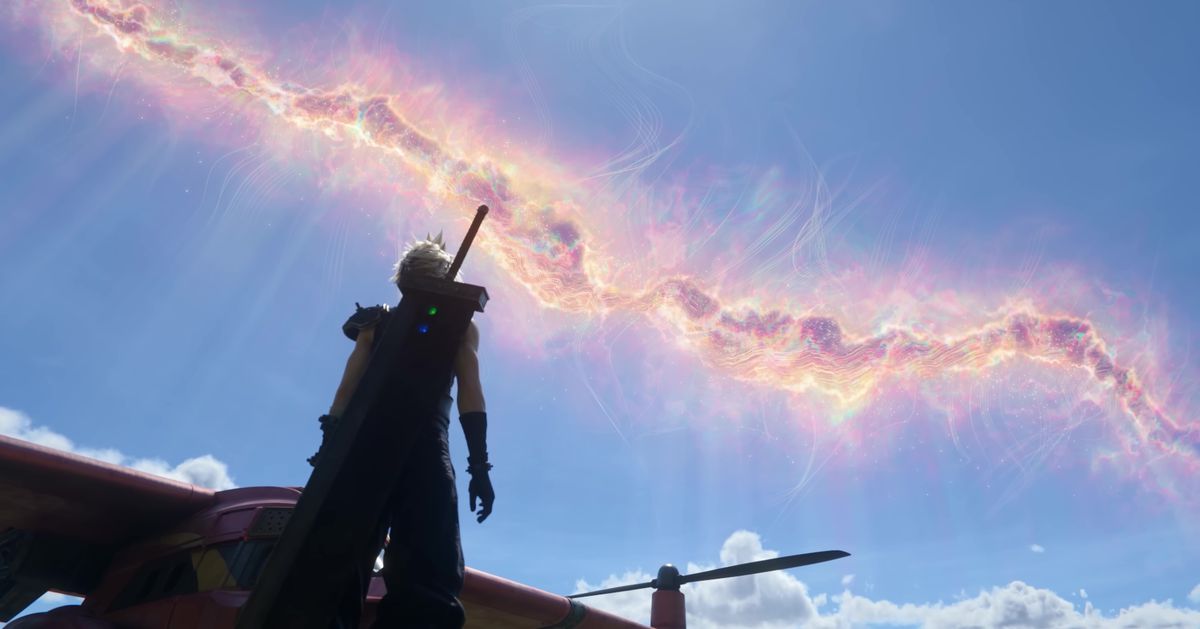 An image of Cloud looking up to a sky with a glittering gold rift across it. 