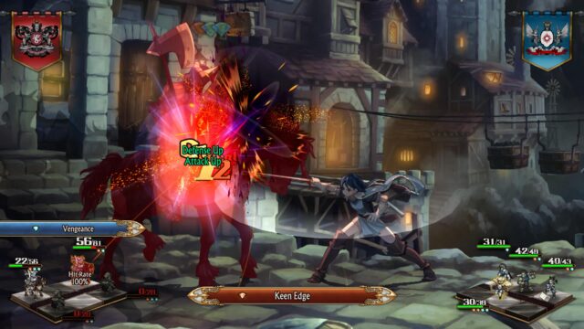 Et skjermbilde fra spillet Unicorn Overlord. Karakteren Leah angriper en mørk ridder og utdeler et kritisk treff på 12 skader som setter i gang en bakdel for fienden som forbedrer deres forsvar og angrep.
