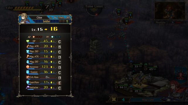 Et skjermbilde av spillet Unicorn Overlord. Skjermbildet viser nivåopp-skjermen der Chloe går opp fra nivå 15 til 16 og forbedrer all statistikken hennes bortsett fra Crit. Vurdere.