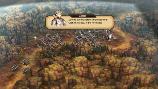 Et skjermbilde fra spillet Unicorn Overlord. Skjermbildet viser flere enheter på overlordkartet bak flere barrikader. Gilbert snakker over dem og sier: "Zenoiras primærstyrke marsjerer fra slottet Soldraga, mot nordøst.