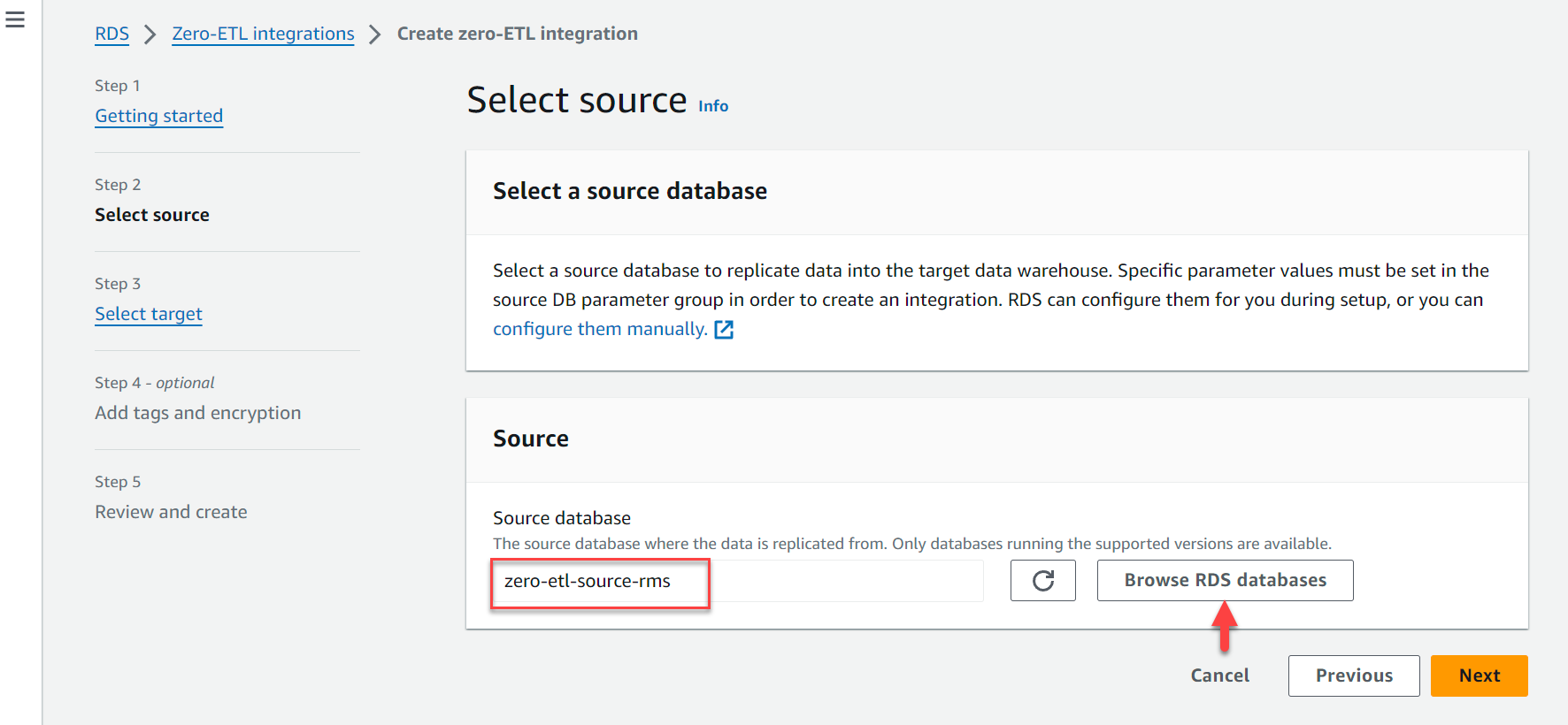 Browse RDS databases for zero-ETL source
