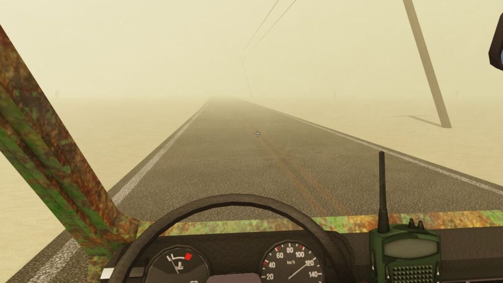 Feature image for our A Dusty Trip van guide. It shows the view of a player character driving the van into a dust storm.