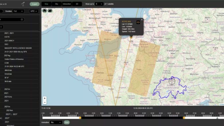 Beyond Gravity’s Space Situational Awareness (SSA) solution delivers technical insight into over 10,000 satellites. Screenshot of the SSA application, showing the (mock-up) technical information and footprint of a satellite over Europe.