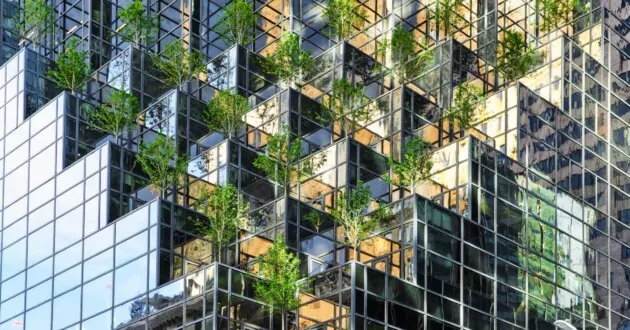 Mirrored office building with trees