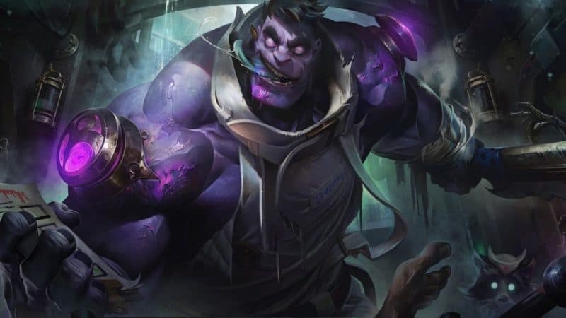 The splash art for the Dr. Mundo LoL champion reword VGU, showing a large purple menace about to perform experiments on a victim in a deranged laboratory.