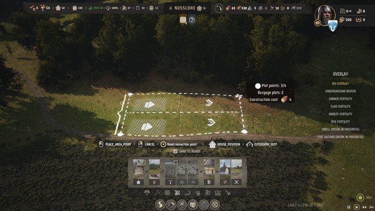 This image shows players the correct method to use when constructing a Burgage so they have ample slots for upgrades to unlock communal farming in the game Manor Lords