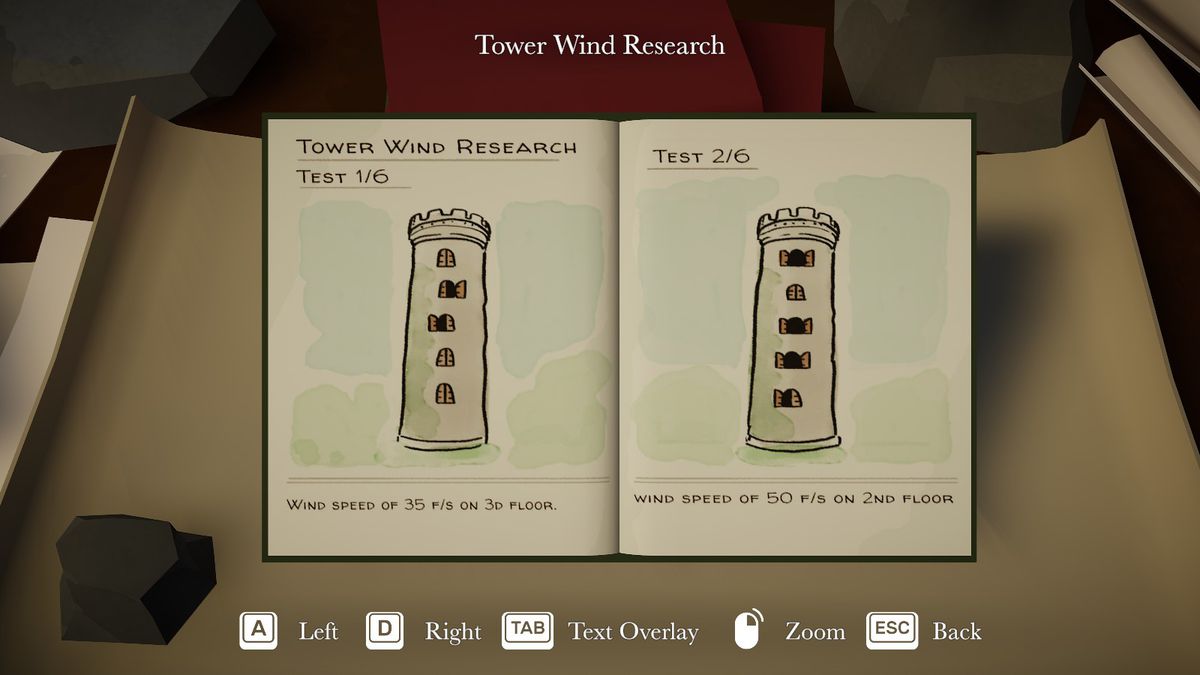 Two towers drawn in a notebook in Botany Manor. They show some windows on the tower open and have wind speeds recorded.