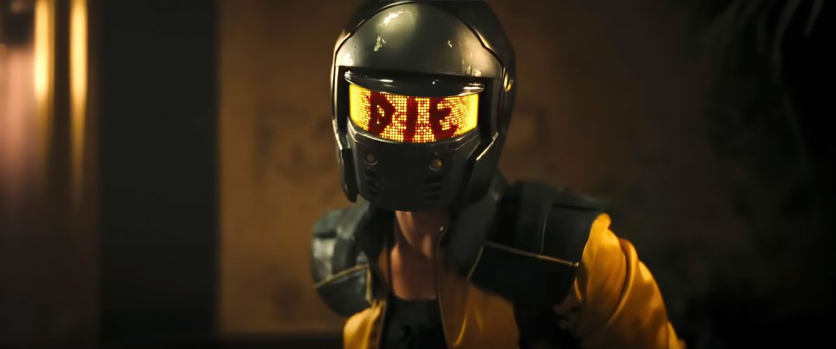 One of the antagonists in Boy Meets World, a woman in black and yellow biking leathers, with a motorcycle helmet where the visor is made up of LEDs, in this case reading DIE