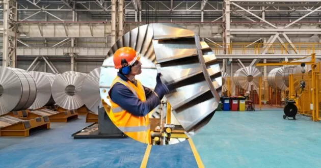 Close up of a worker inspecting a steel turbine in a power station, and a man walking through a factory housing large aluminum steel rolls.