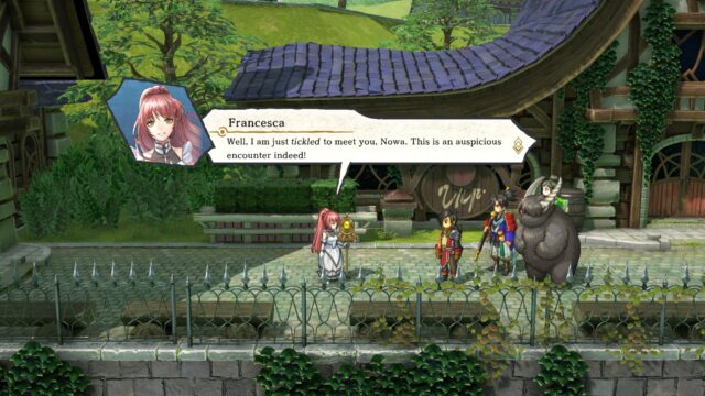 Screenshot from the video game Eiyuden Chronicle: Hundred Heroes showing Nowa and Francesca talking. Francesca is a priest wearing white robes and holding a yellow staff, she's saying, "Well, I am just tickled to meet you, Nowa. This is an auspicious encounter indeed!"