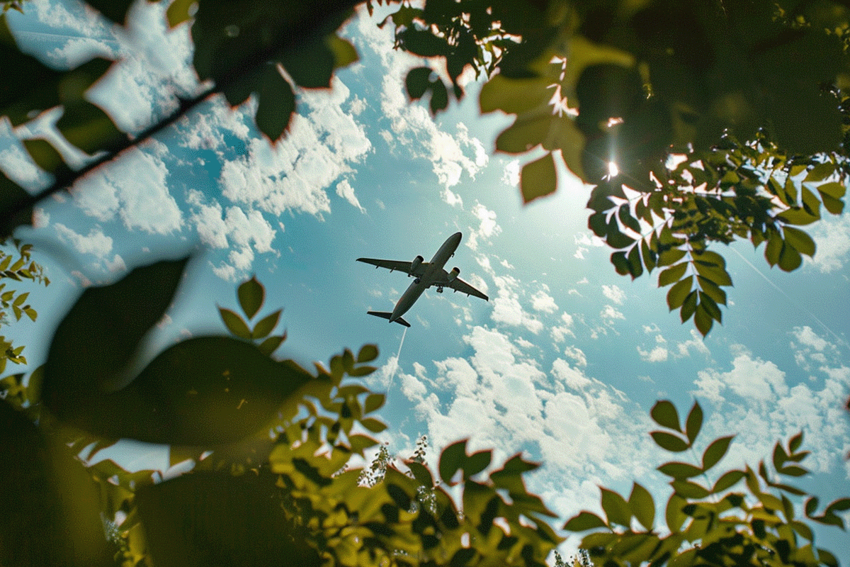 Era of revolution  groundbreaking carbon market development_View from below through tree leaves at a flying plane_visual 2