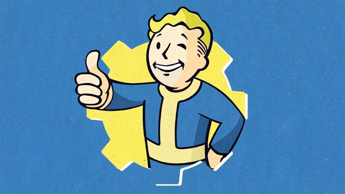 An illustration of Fallout’s Vault Boy giving a thumbs-up and wink. He is framed by a gear-shaped vault door.