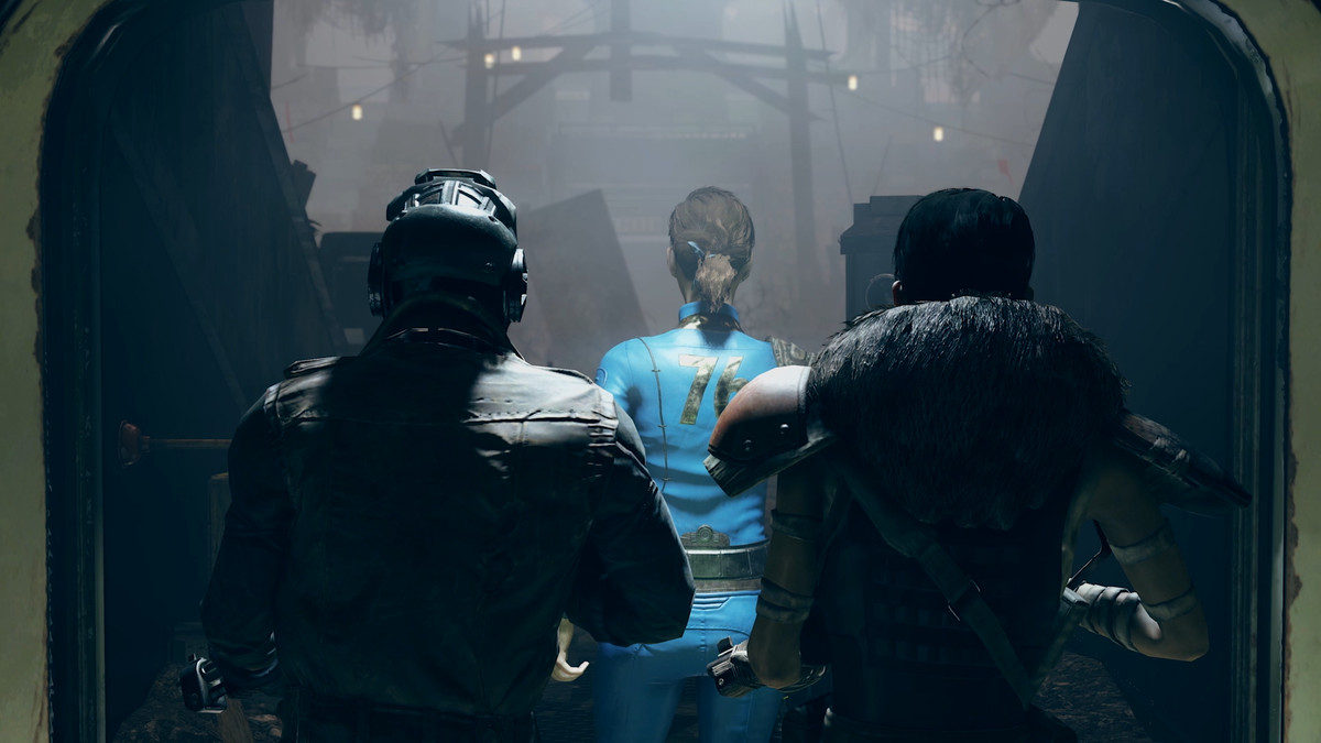 Seen from behind, two roughly costumed figures escort a woman wearing a Vault 76 jumpsuit