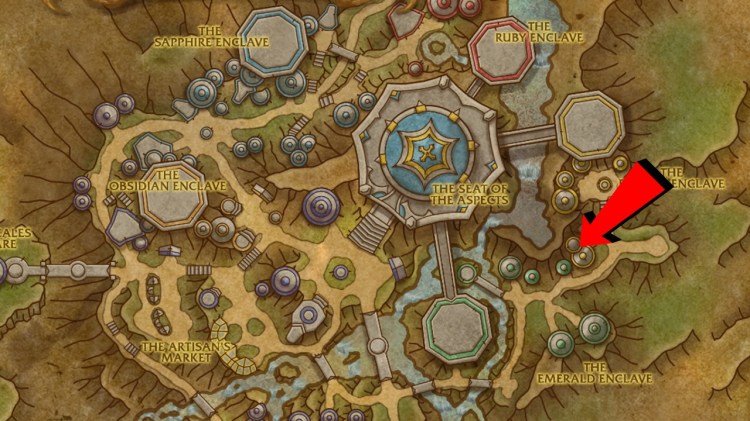 A map of Valdrakken in World of Warcraft showing the location of the Bronze Bullion vendor