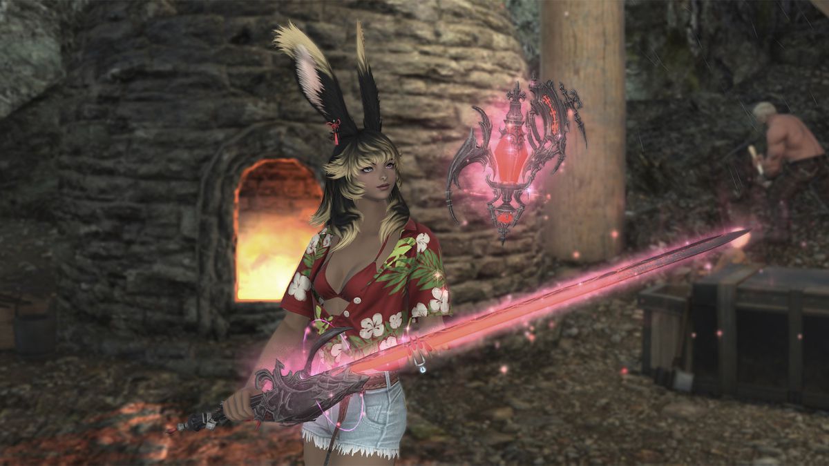 A FFXIV Viera holds up a completed Anemos rapier