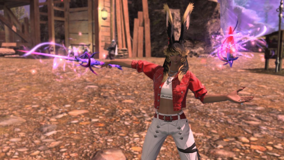 A FFXIV Viera stands in Eureka Hydatos with a completed Eureka weapon