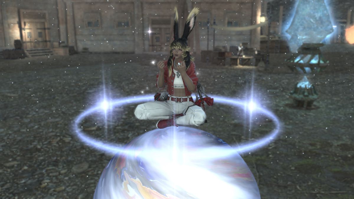 A Viera gleefully sits atop the Demi-Ozma mount in FFXIV