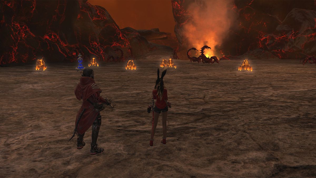 Two FFXIV players stand in the lava-filled area of Eureka Pyros