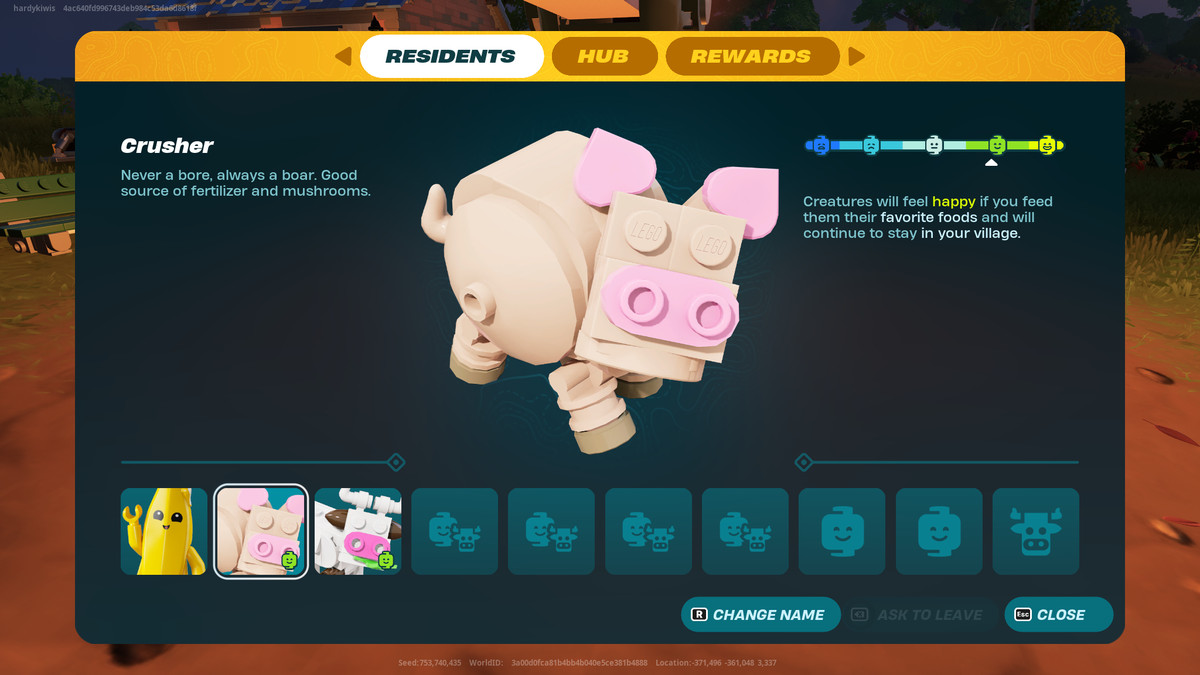 A resident screen in Lego Fortnite, showing a pink pig