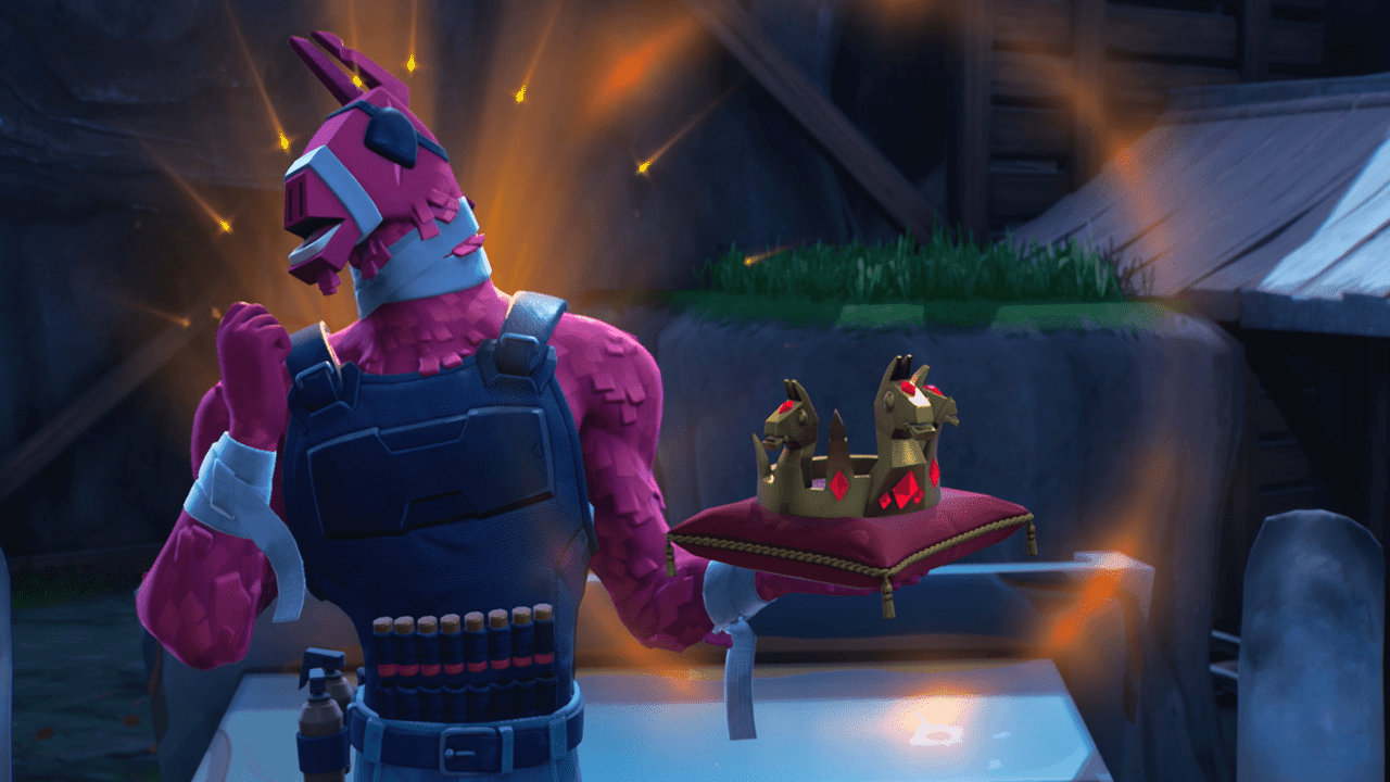 The victory crown item appears on top of a plush red cushion held up by one of Fortnite's iconic Llama characters wearing an eyepatch