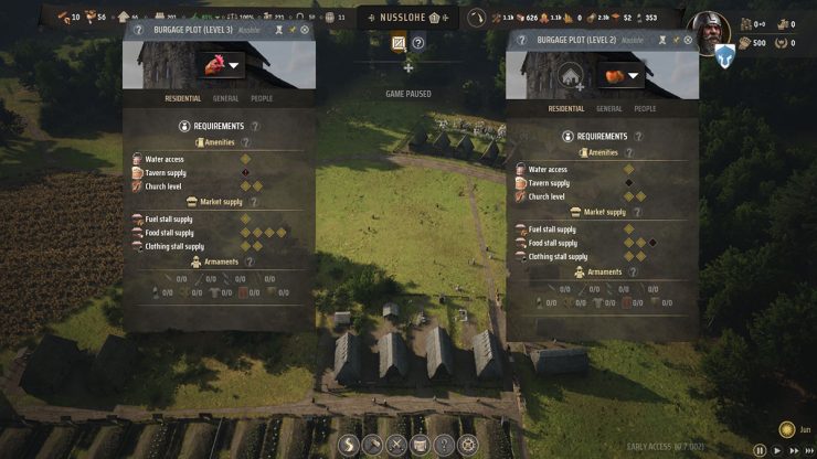An image showing players an example of the game telling them they have the required resources to upgrade a Burgage Plot, but they cannot upgrade. For the game, Manor Lords