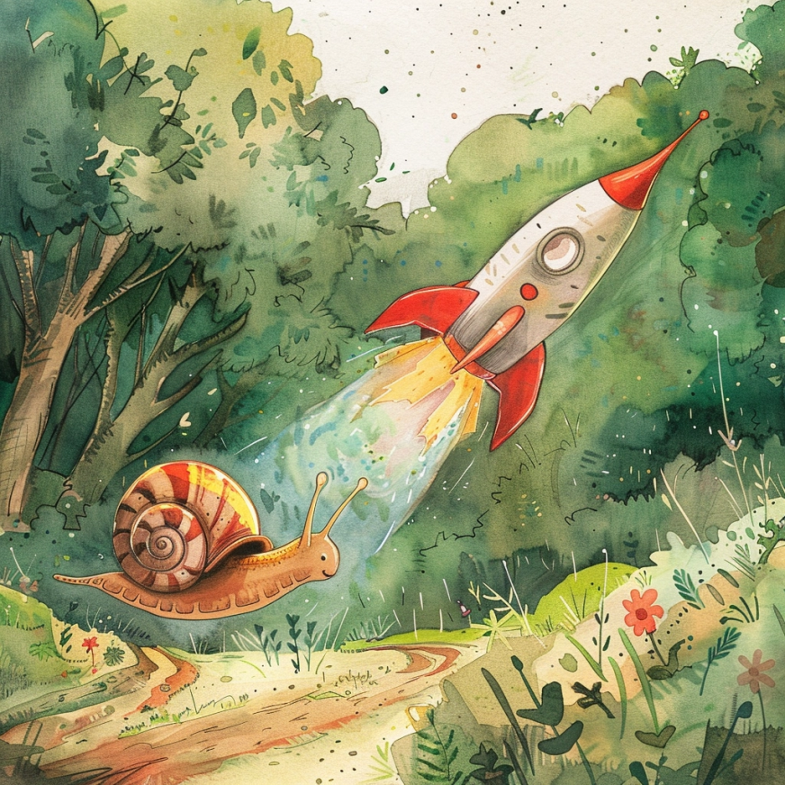 A snail racing a rocket ship in a garden race.