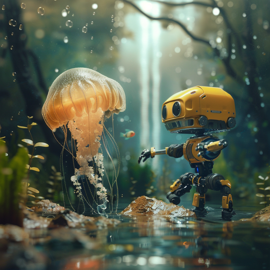 An unlikely friendship between a robot and a jellyfish in a wonderful natural world
