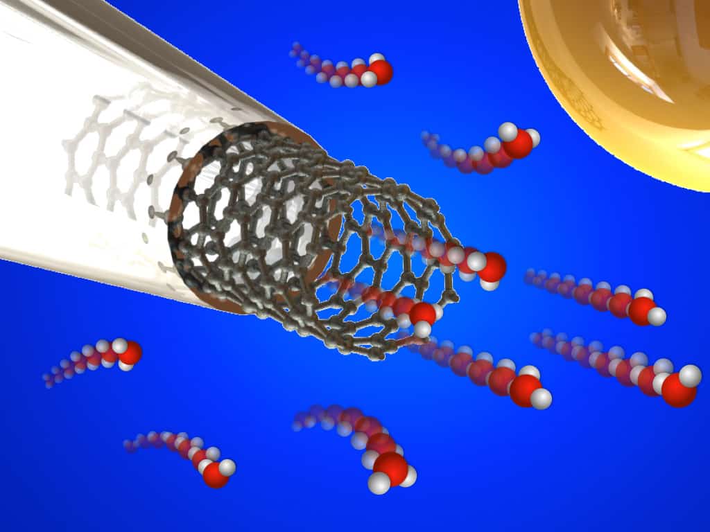 Artist's impression of liquid flowing through a carbon nanotube