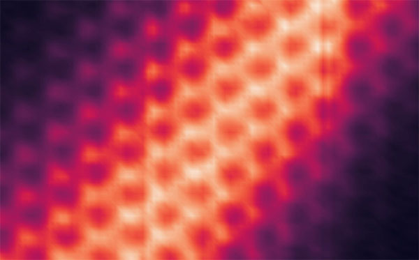 STM image of a chiral interface state wavefunction (bright stripe) in a quantum anomalous Hall insulator made from twisted monolayer-bilayer graphene in a 2D device