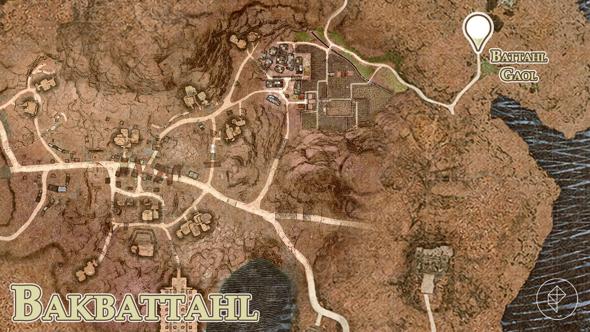 Dragon’s Dogma 2 map showing the location of the Battahl Gaol in Bakbattahl