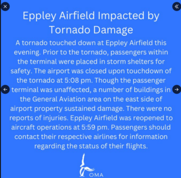 L'aérodrome d'Eppley à Omaha endommagé par une tornade