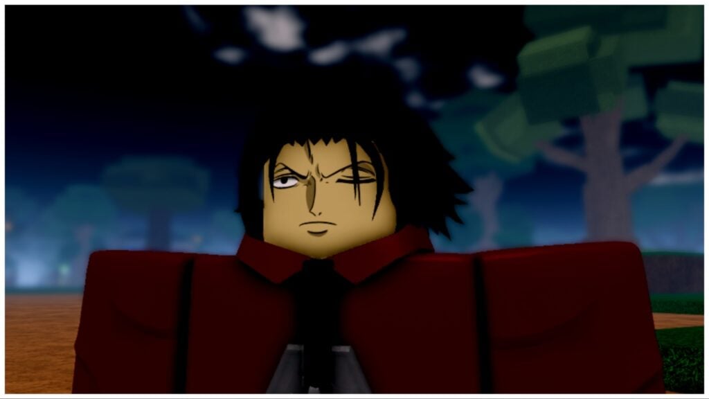 Feature image for our Project Mugetsu Potions Guide which shows an up close of an avatar wearing a red shirt with a black tie. He has one eye closed which is also scarred, and the other open in a frowny expression. The capture is taking during nighttime with a dark sky and trees in the background