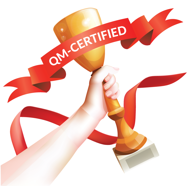 trophy with a red ribbon that says QM Certified