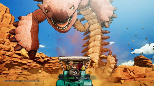 Capture d'écran du jeu Sand Land montrant un dragon geki surplombant le gang dans leur voiture alors qu'ils crient tous.