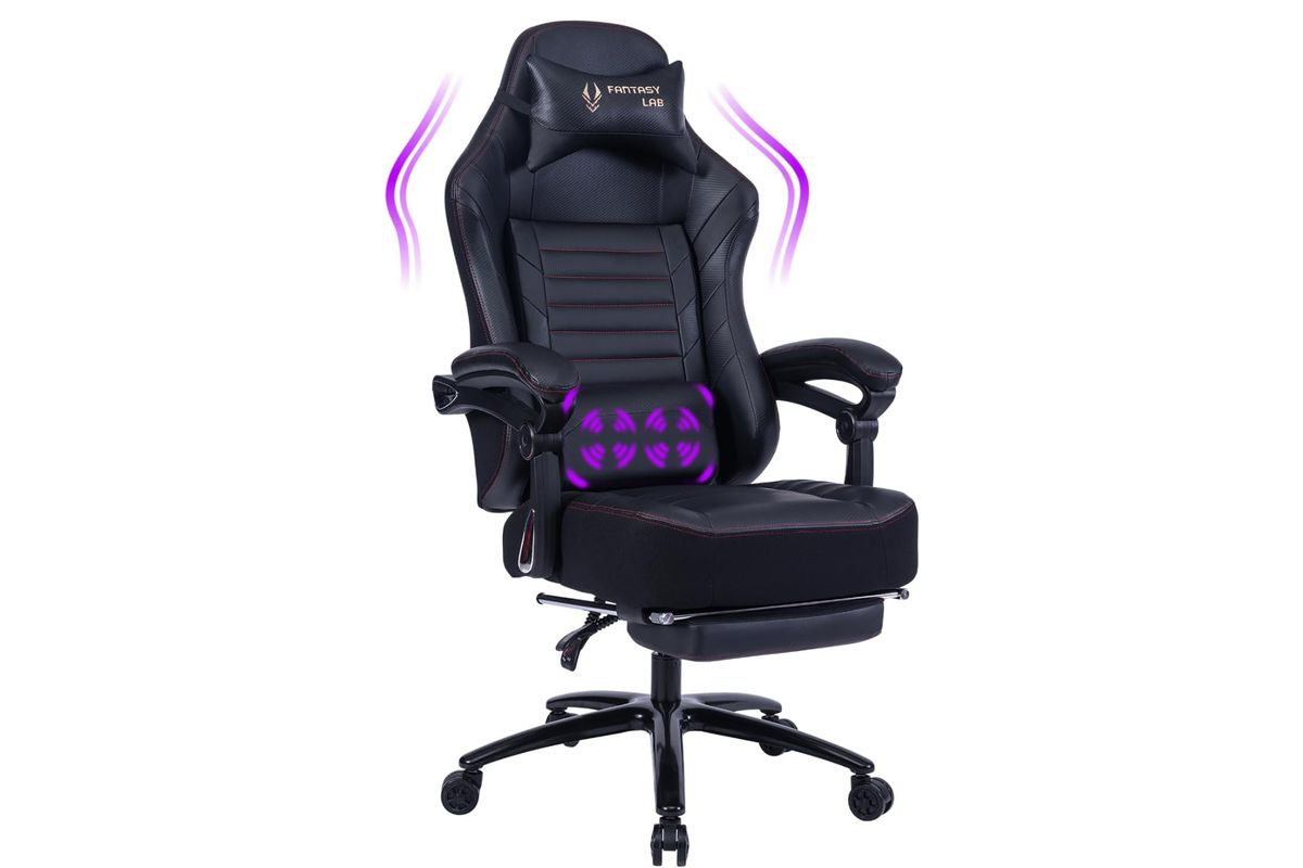 The Fantasylab Memory Foam Big &amp; Tall gaming chair is shown, complete with thick memory foam padding on the seat, neck pillow, and arm rests.