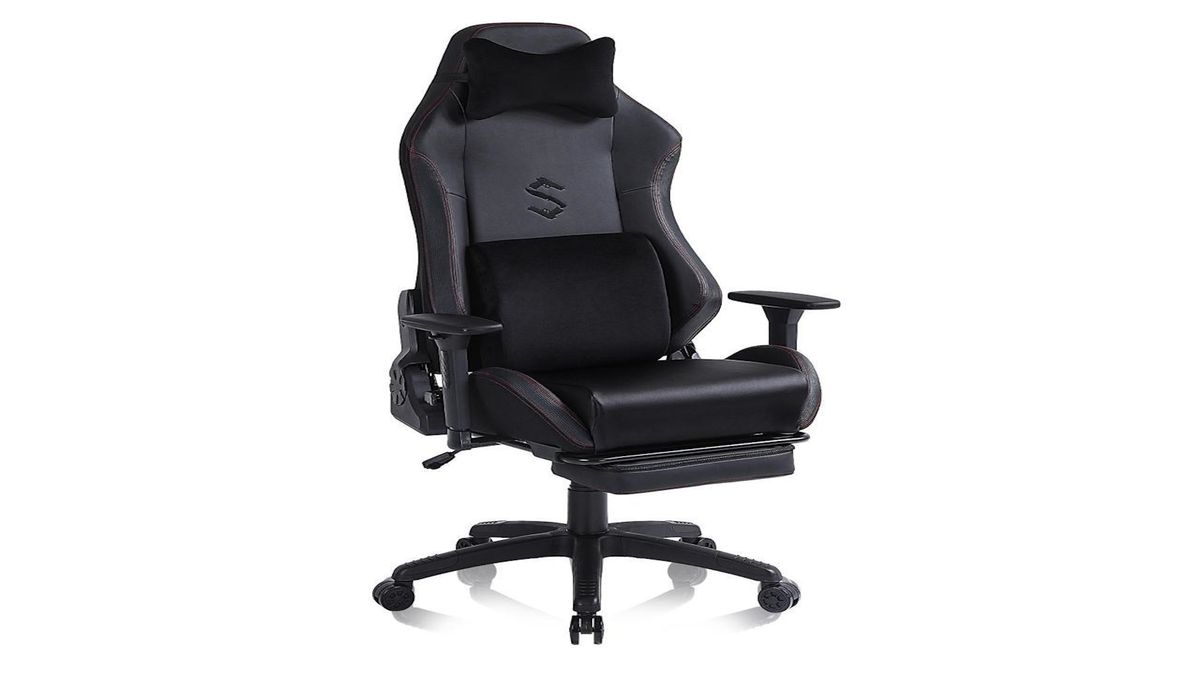 This image shows the Fantasylab Memory Foam gaming chair in black leatherette, complete with its neck and lumbar support pillows. What’s unique about this one on our list of the best gaming chairs is that it has a foot rest that you can screw on, in case you want to put your feet up.
