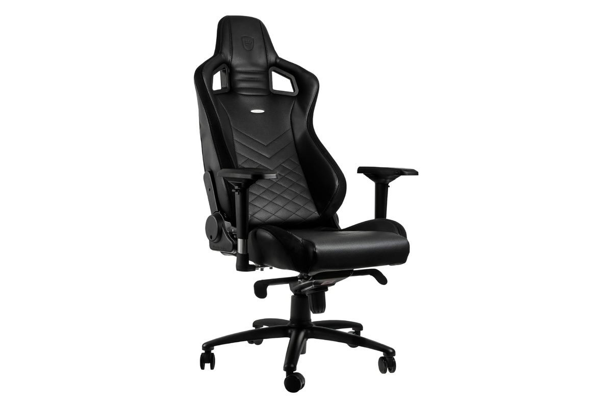 The leather option of the Noblechairs Epic racing-style gaming chair is shown in this image. The chair is all black, with several sections that have unique stitching.