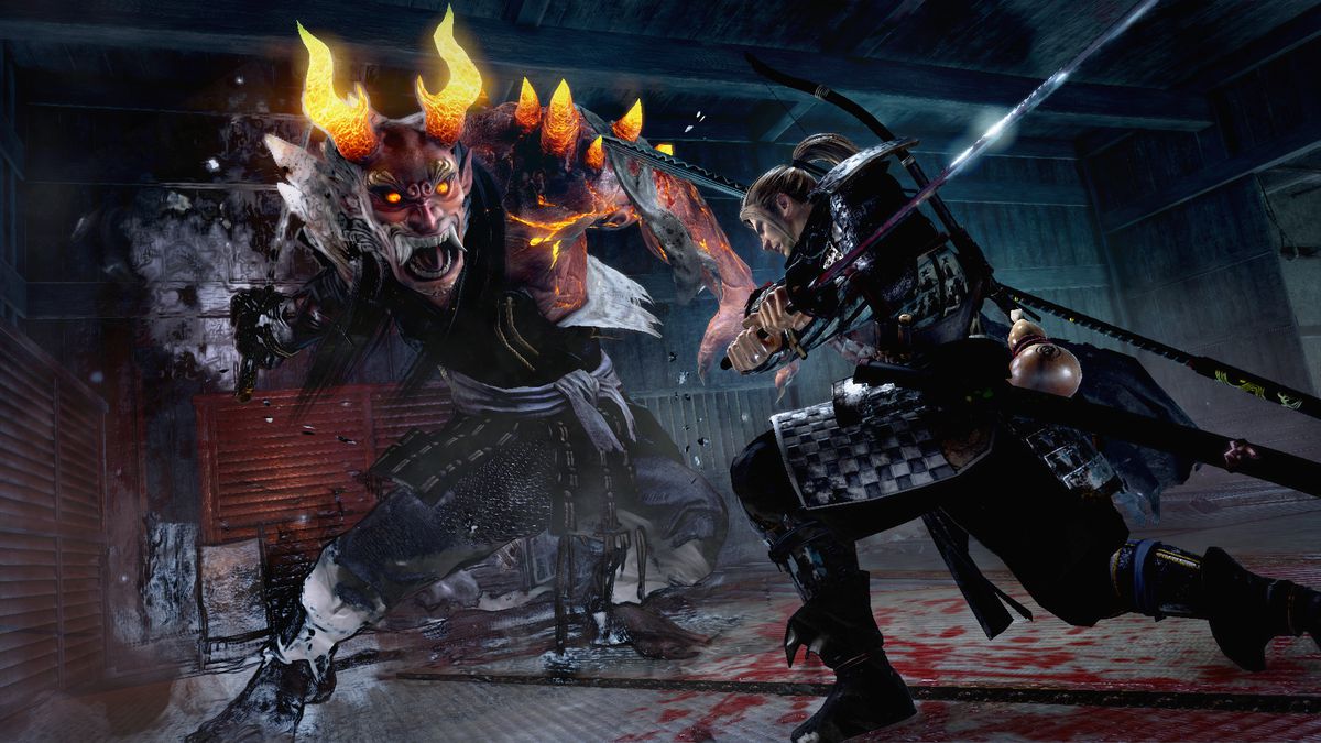 William Adams, the player’s character, brandishing a katana against a glowing horned demon in Nioh.